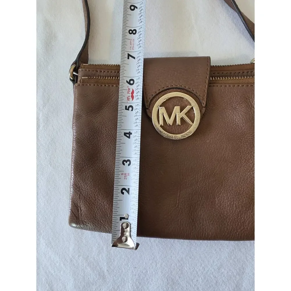 Michael Kors Fulton Double Zip Crossbody Bag Cognac Brown Pebbled Leather MK